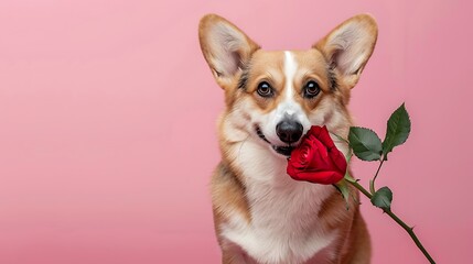 Wall Mural - A cheerful corgi holding a red rose against a pink background, symbolizing love and affection.