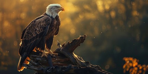 Sticker - Majestic bald eagle perched on a decaying tree with wings outstretched