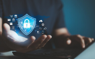 Aufkleber - cyber security concept. Global network security technology protects business people personal information. Encryption with a padlock icon on the virtual interface. Cybersecurity or cybercrime threats.