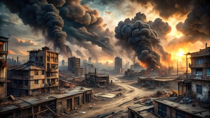 Dense smoke clouds envelop a desolate, ravaged urban landscape, with crumbling buildings, twisted metal, and debris-strewn streets, evoking a sense of devastation and chaos.