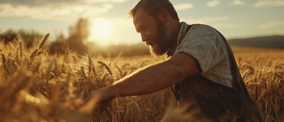 Wall Mural - Farmer Examining Ripe Wheat in Golden Field at Sunset