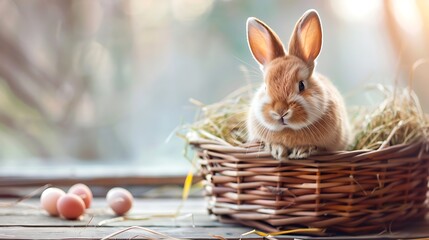 Canvas Print - A cute rabbit sitting in a basket with eggs, symbolizing Easter and springtime.