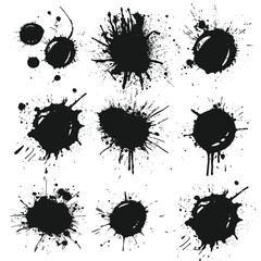 Wall Mural - A collection of various black ink splatters on a white background, depicting different shapes and patterns.