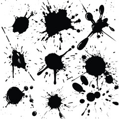 Wall Mural - Abstract black ink splatters on a white background, creating a chaotic and dynamic visual effect.