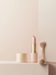 Poster - A stylish arrangement of lipstick, makeup brushes, and powder is presented on a soft light background, evoking a clean aesthetic. Generative AI