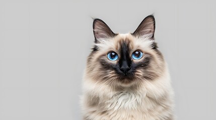 A close-up of a fluffy cat with striking blue eyes and a unique color pattern.