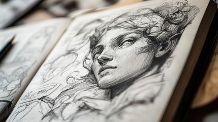 A close-up of a sketchbook filled with intricate pencil sketches, with shading techniques enhancing the depth and realism