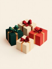 Four minimalist Christmas gift boxes in vibrant colors and geometric shapes feature elegant ribbons and bows on a soft backdrop. Generative AI