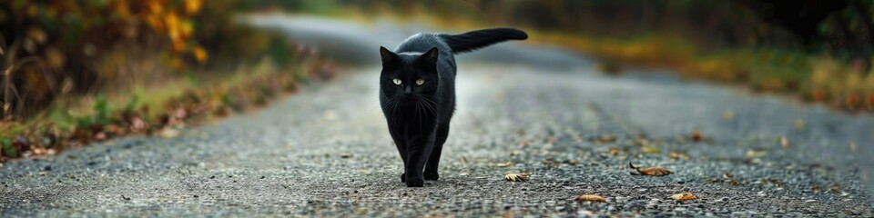 Wall Mural - A Black Cat Walking Down the Path