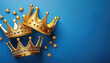 © anandart - banner of Three gold crowns on blue background, symbol of Tres Reyes Magos ( Three Wise Men) who come bringing gifts for the kids on Epiphany or Dia de Reyes Magos, copy space