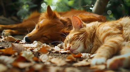 Poster - A peaceful scene of a sleeping dog and cat among fallen leaves, showcasing tranquility in nature.