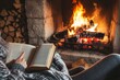 © fotofabrika - Cozy reading by the warm fireplace during a winter evening, creating a tranquil atmosphere with flickering flames and comfortable surroundings