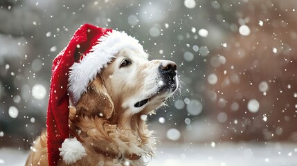 Sticker - A golden retriever wearing a Santa hat in a snowy setting, capturing a festive holiday spirit.