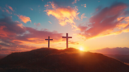 sunset glow across sky, cross atop mountain seemed to illuminate with divine light, a powerful symbol of Jesus Christ and the profound connection between God and religion amidst drifting clouds.