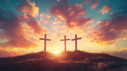 Poster - sunset glow across sky, cross atop mountain seemed to illuminate with divine light, a powerful symbol of Jesus Christ and the profound connection between God and religion amidst drifting clouds.