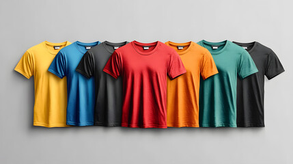 A collection of colored t-shirt templates for men, showcasing a variety of design options