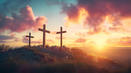 Poster - sunset glow across sky, cross atop mountain seemed to illuminate with divine light, a powerful symbol of Jesus Christ and the profound connection between God and religion amidst drifting clouds.