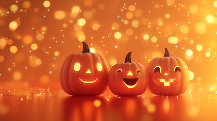 Halloween holiday brings a happy atmosphere as jack-o'-lanterns with smiling faces become the centerpiece of festive decorations, creating a cheerful background with their warm glow.