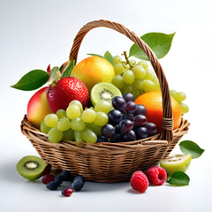 Apples, oranges, strawberries, grapes, shine muskets, kiwis, green apple with basket realistic images