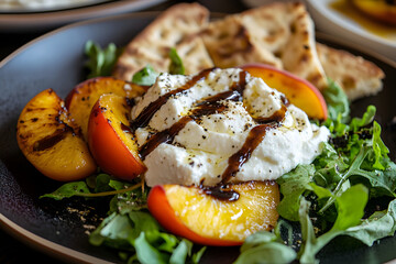 Wall Mural - A plate of whipped ricotta with fresh roasted peaches and pitta slices served with a balsamic drizzle and herbs.