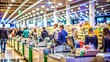 © Four888 - Fluorescent-lit checkout counter cluttered with merchandise, credit card machines, and cash, amidst a hectic shopping atmosphere, with blurred background emphasizing the frenetic activity.