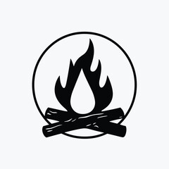 Poster - minimalist black and white campfire icon with a flame and crossed logs inside a circle.