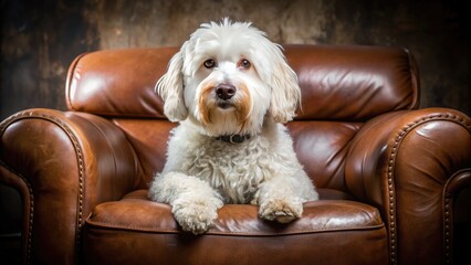 Fluffy white dog sitting comfortably on a worn, brown leather couch, paws tucked in, with a relaxed expression and gaze directed at the viewer.