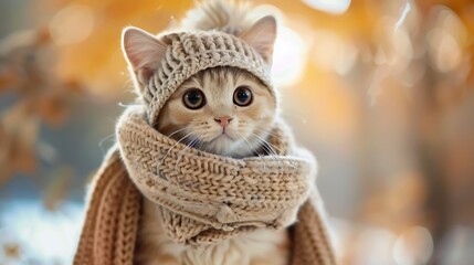 Poster - A cute cat wearing a knitted hat and scarf, surrounded by autumn foliage.