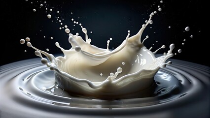 Fresh cold milk splashes upward in a dynamic, swirling motion, captured from directly above, showcasing creamy white droplets against a clean, dark background.