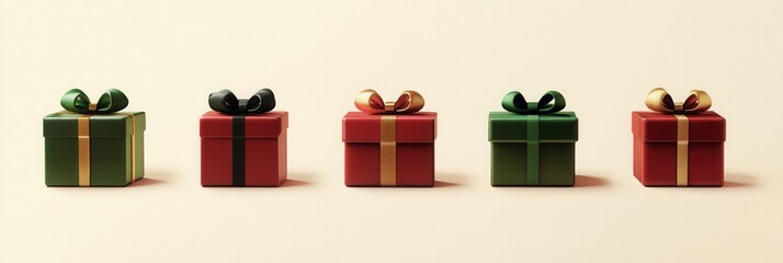 Aufkleber - Brightly colored minimalist Christmas gift boxes with geometric designs, creatively tied with ribbons and bows for a festive look. Generative AI