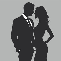 Silhouettes of a man in a suit and a woman in a dress gazing at each other on a grey background.