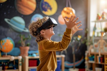 a young boy wears a vr headset, experiencing a virtual world. he smiles and gestures with his hands,