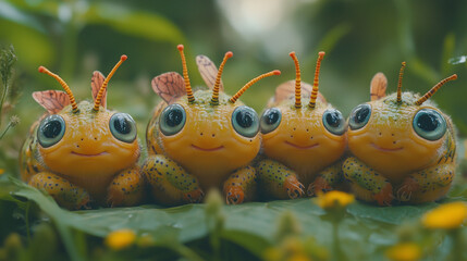 Adorable, colorful caterpillars with large eyes sitting close together on a leaf in a lush green environment create a whimsical and charming scene