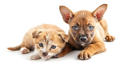 Wall Mural - A cute kitten and puppy lying together, showcasing friendship and playfulness.