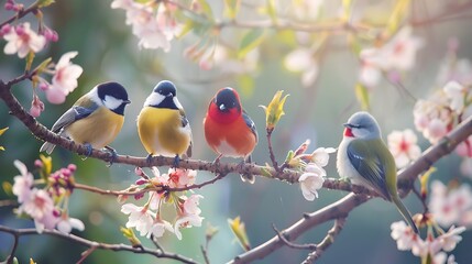 Poster - A vibrant scene of colorful birds perched on a branch adorned with cherry blossoms.