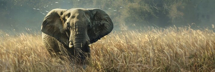 Wall Mural - Elephant with Upturned Trunk in Lush Meadow Representing Curiosity and Awe