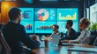 © Art Genie - Business meeting with marketing professionals analyzing campaign strategy and performance data on large screens, in a vibrant conference room with bright lighting and modern office decor