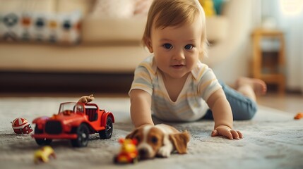 Canvas Print - A baby crawling on a rug surrounded by toys, including a car and a puppy, in a cozy indoor setting.