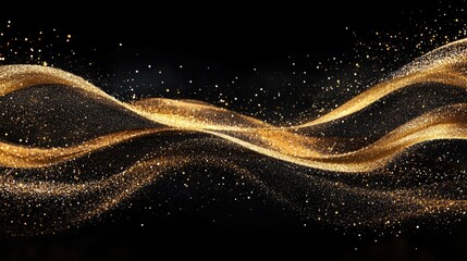 Poster - Golden glitter swirls on black background. This abstract photo is perfect for designs that need a luxurious and glamorous feel.