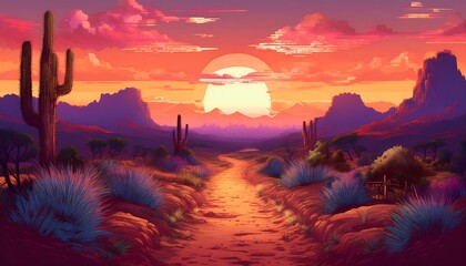 Wall Mural - Pixelated Retro Sunset on a Desert Path - 16-bit artwork featuring a narrow desert path. Game design asset. Graphic art 8 bit illustration poster