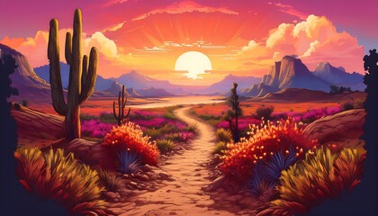 Wall Mural - Pixelated Retro Sunset on a Desert Path - 16-bit artwork featuring a narrow desert path. Game design asset. Graphic art 8 bit illustration wallpaper