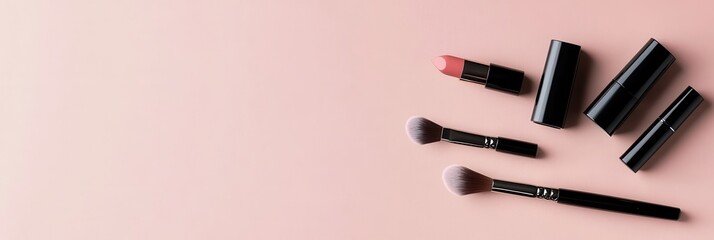 Fototapete - A clean layout features lipstick, makeup brushes, and powder, showcasing an organized beauty routine on a light background. Generative AI
