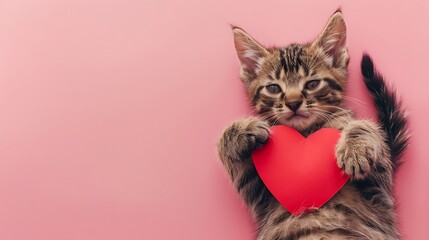 Sticker - A cute kitten holding a red heart on a pink background, conveying love and affection.