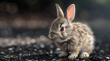 Canvas Print - A detailed close-up of a cute rabbit sitting on a textured surface with a blurred background.