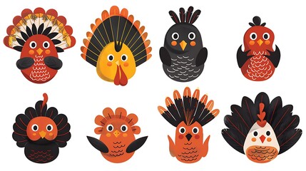 Canvas Print - A collection of colorful cartoon-style turkeys in various designs and poses.