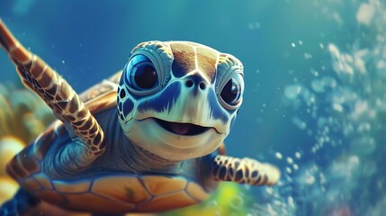 Poster - A cheerful turtle swimming through vibrant underwater scenery, showcasing marine life and beauty.