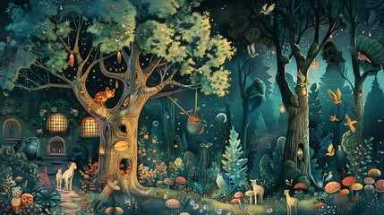 Poster - A whimsical forest scene filled with animals, glowing lanterns, and vibrant plants, creating a magical atmosphere.