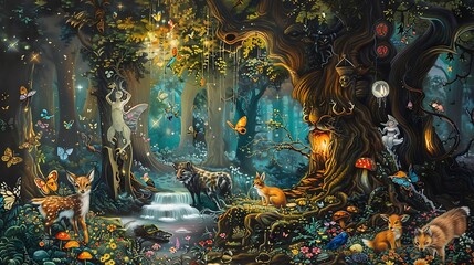 Wall Mural - A magical forest scene with animals, butterflies, and enchanting flora, evoking a sense of wonder.