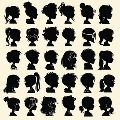 Wall Mural - Silhouette profile portraits of various children and teenagers with diverse hairstyles.