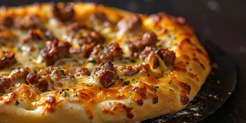 Wall Mural - Small homemade spicy sausage and cheese pizza chilled mini pizza with fiery seasonings